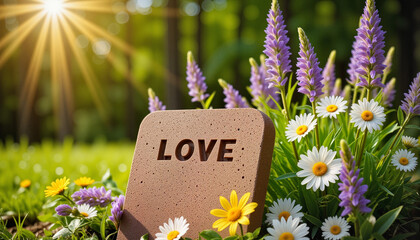 Rustic wooden pet tombstone surrounded by vibrant wildflowers, symbolizing love and devotion
