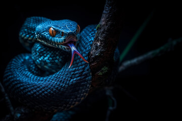 Obraz premium Vivid Blue Snake Coiled on a Tree Branch: Full-Body View with Tongue Out, Captured Against a Black Background, Highlighting Its Grace, Striking Color, and Mysterious Elegance in Nature