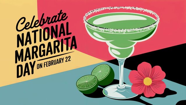 Illustration celebrating National Margarita Day with a stylized margarita glass, lime, flower, and colorful background - Powered by Adobe