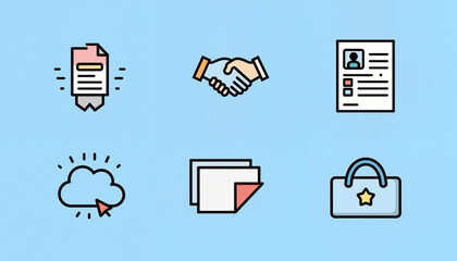 Flat design icons representing business and communication concepts on a light blue background
