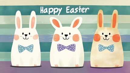 Three cheerful rabbits wearing polka dot bow ties on striped background, happy easter