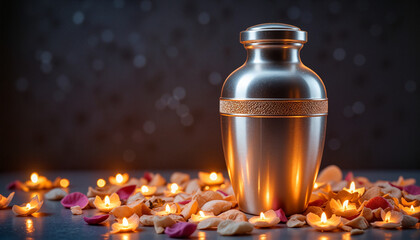 Elegant metal pet urn surrounded by glowing petals and soft candlelight for memorial