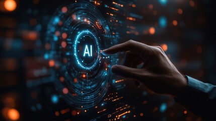 Hand activates AI interface, futuristic background, technology concept