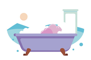 Naklejka premium Clawfoot Bathtub Vector with Bubbles & Scenic Window View