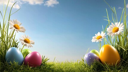A cheerful Easter frame with bright daisies, colorful eggs nestled in fresh green grass, and a blue sky.