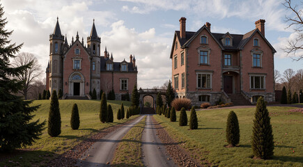 Obraz premium Majestic historic mansion and elegant estate with manicured lawns and winding driveway in upscale surroundings copy space