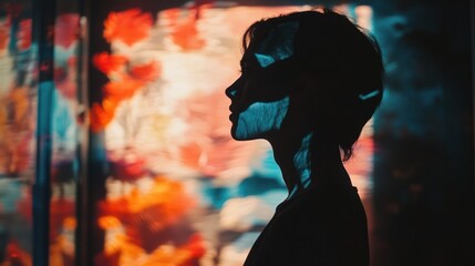 Silhouette of a woman's profile, illuminated by colorful light projections.