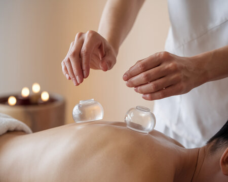 A close-up of a therapist performing cupping therapy on a client's back, using glass cups to help with muscle relaxation and pain relief in a spa treatment session.