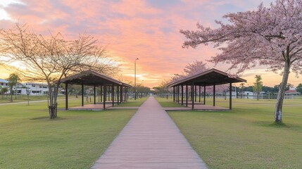 Sunrise park path, cherry blossoms, gazebo, walkway, residential