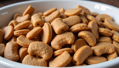 Close-up of golden kibble in a white bowl, pet nutrition concept