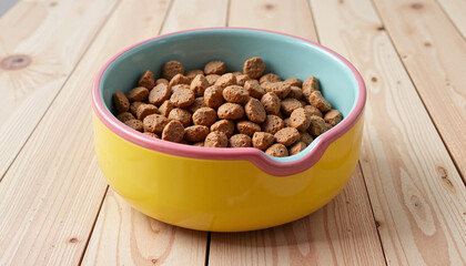 Ceramic pet food bowl filled with kibble on light table, pet care
