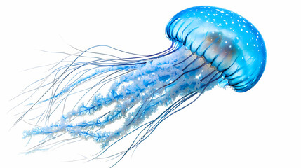 Obraz premium Stunning blue jellyfish isolated on white background, showcasing its translucent bell and flowing tentacles. Surreal Translucent Creatures. Illustration