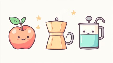 Cute cartoon apple, coffee maker, and French press