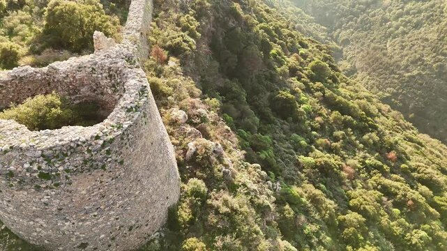 Aerial view of Kelefa Castle and its tower and walls, Mani, Laconia, Greece.