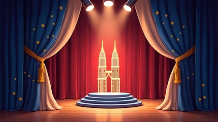 Modern Malaysian theater stage with cultural fusion, deep blue and white curtains, wooden carvings, and neon elements. Ideal for mockups, event posters, and branding backgrounds.
