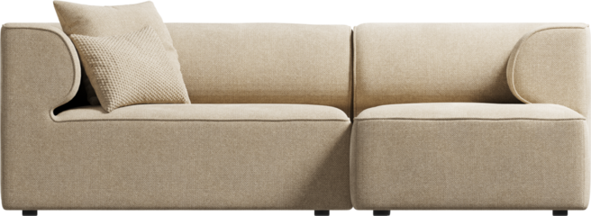 Front view of modern sand upholstered sofa	