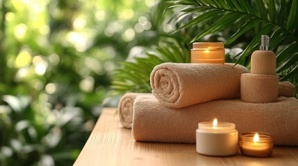 Spa towels, candles, and lotions on wooden table, tropical background