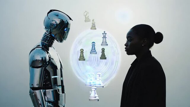 woman with cyborg robot and virtual chess
