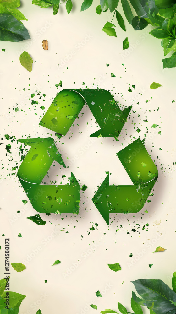 Poster Recycle symbol exploding surrounded by falling leaves promoting environmental awareness and sustainable practices