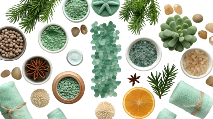 Spa Treatment Green Teal Aromatherapy, Relaxing Salt Bath for Fresh Beauty, isolated on transparent background.