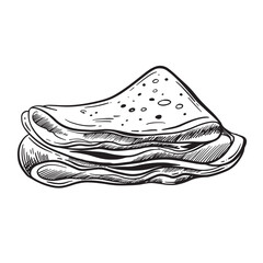 A pancake folded in a triangle. graphic drawing of a pancake. Outline sketch. hand-drawn illustration. On white background. Great for menus, posters or stickers, for cooking recipes, books, magazines