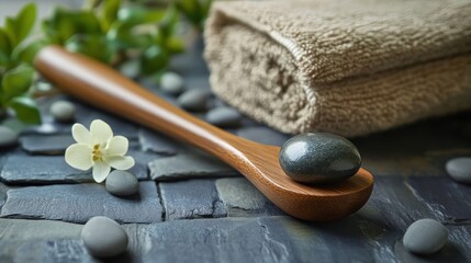 Spa treatment with hot stone, wooden spoon, towel, and flowers on slate.