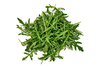 Fresh vegetarian arugula salad, isolated on white background. High resolution image.
