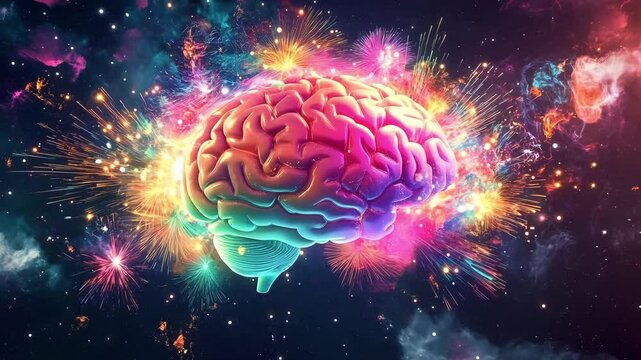 A colorful brain against a cosmic backdrop of stars and patterns highlights the fusion of science and creativity