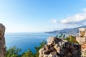 Breathtaking beauty of a coastal scene from the castle of Alanya in Turkey overlooking the blue sea and beach