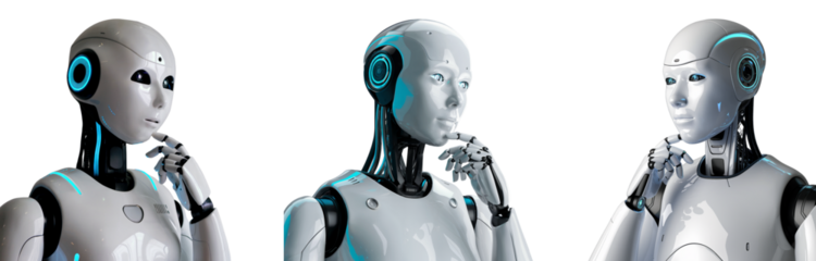 Set of ai robot thinking, side view, isolated on transparent background 