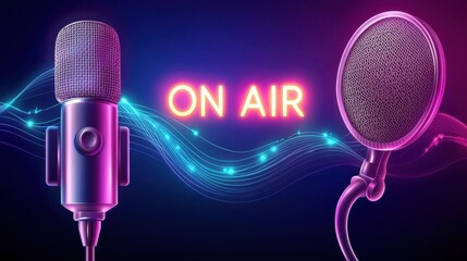 A creative podcast branding image with a microphone icon, sound waves, and "ON AIR" glowing in the background.