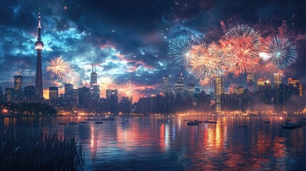 Beautiful cityscape at New Yeara??s Eve with magical fireworks