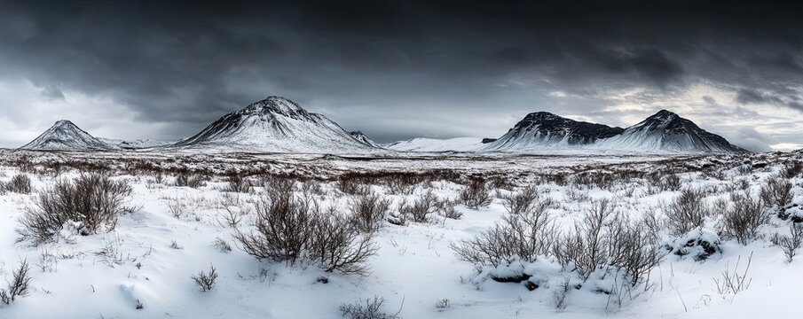 A panoramic view of a snow-covered mountain range located in the southern part of Iceland, within the Polar Regions - Powered by Adobe
