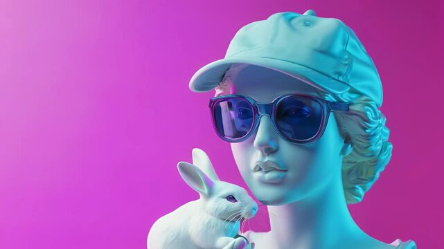 artistic easter hipster backgroud; easter bunny sits on marble woman statue hand; figure in hat & goggles is opening eyes and starts to blink isolated over violet backdrop
