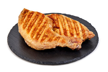 Roasted chicken quarters, isolated on white background.