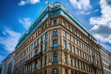 Fototapeta premium Marble-Colored Office Tower in Berlin: A Stunning Architectural Gem Near Unter den Linden with a Glass Rooftop