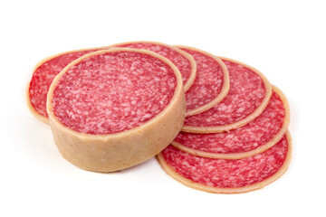 Sliced Dry Cured Salami Sausage with cheese, salami parmesano, isolated on white background.