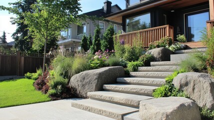 Majestic Stone Steps Enhance Urban Front Garden, Leading to a Serene Hidden Oasis Above