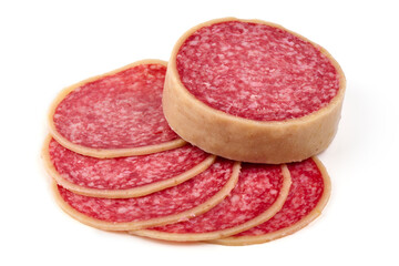 Sliced Dry Cured Salami Sausage with cheese, salami parmesano, isolated on white background.