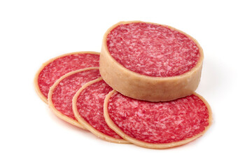 Sliced Dry Cured Salami Sausage with cheese, salami parmesano, isolated on white background.