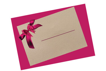 Blank paper note card , Chirstmas, Eid Mubarak ,Birthday celebration greeting with ribbon on pink envelope
