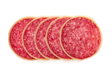 Sliced Dry Cured Salami Sausage with cheese, salami parmesano, isolated on white background.