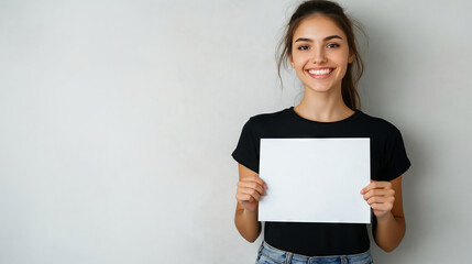 Fototapeta premium Cheerful female model displaying empty white poster, standing against neutral gray backdrop with welcoming expression and copyspace