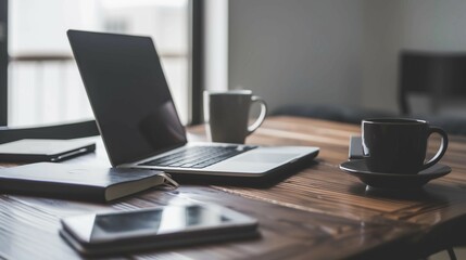 Modern home office setup with laptop, notebook, and coffee cup on wooden desk, symbolizing hybrid work. Minimalist decor with copy space, ideal for remote work and productivity concepts.