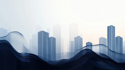 Abstract city skyline with flowing, smoky waves in blue hues.