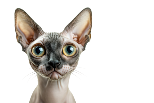 A curious sphynx cat with striking blue eyes and unique features poses for the camera indoors isolated on transparent background