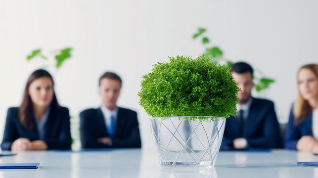Politicians gathered around conference table, discussing environmental policy, small potted plant symbolizing green initiative in foreground