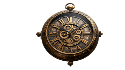 Bronze Wall Clock Roman Numerals, Antique Gear Design for Vintage Home Decor, isolated on transparent background.
