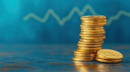 Stacked coins with financial growth graph in blue background for economic analysis