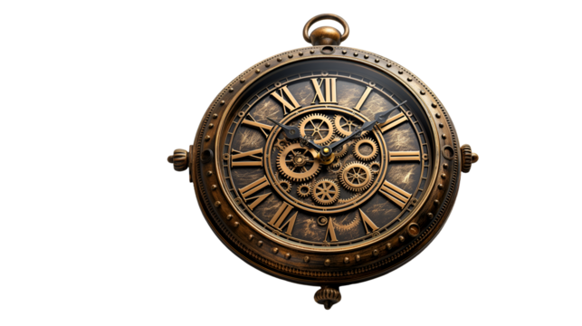 Bronze Wall Clock Roman Numerals, Antique Gear Design for Vintage Home Decor, isolated on transparent background.